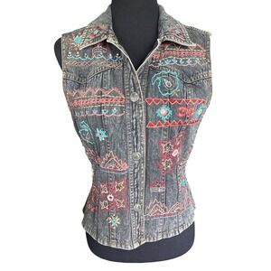 Vintage Flashback Couture Embroidered Black Denim Vest, Small, Retro Boho Hippie